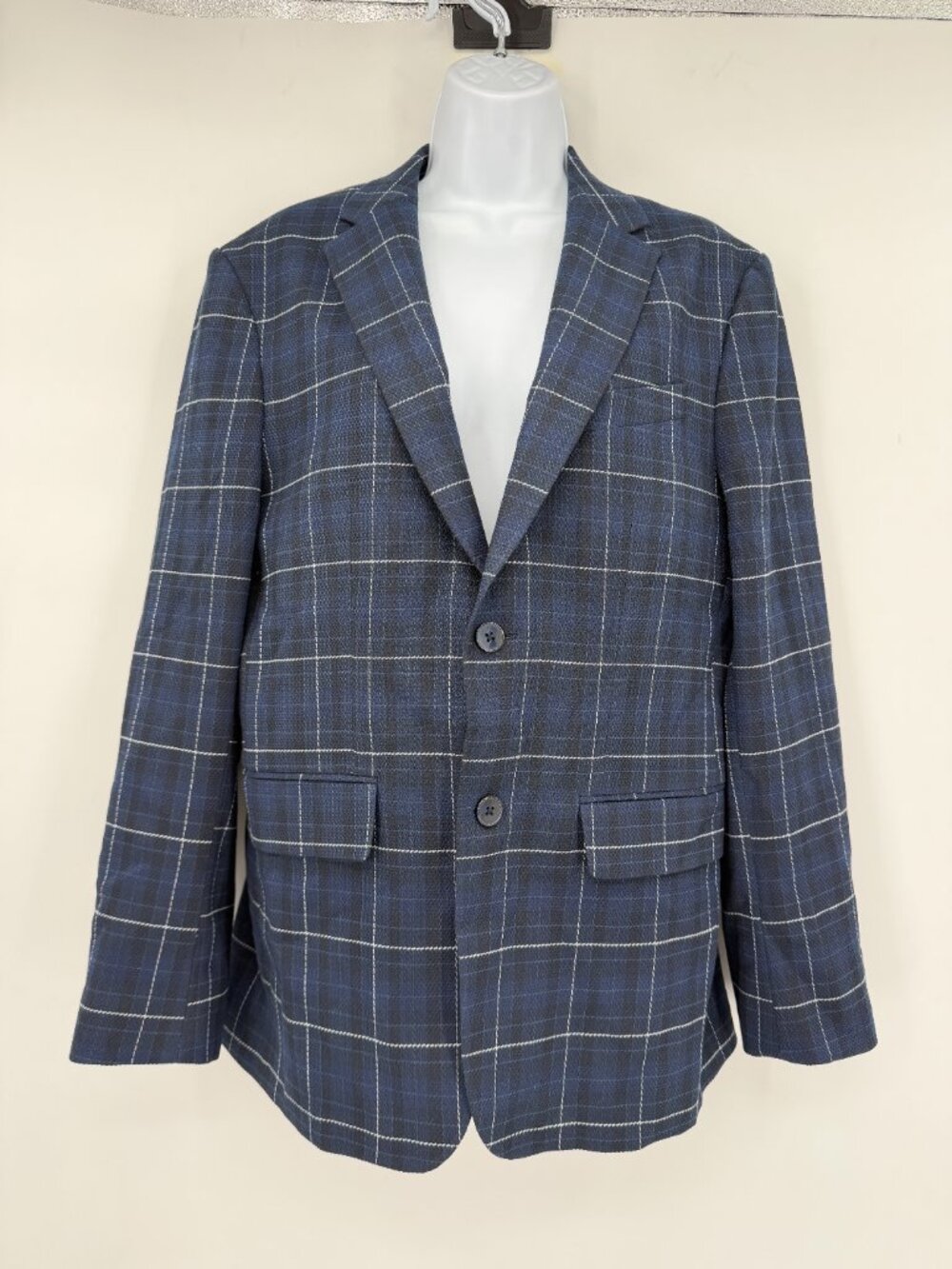 Zara Women’s 40 Navy Blue Plaid Blazer Elbow Patch Two Button Jacket NWOT